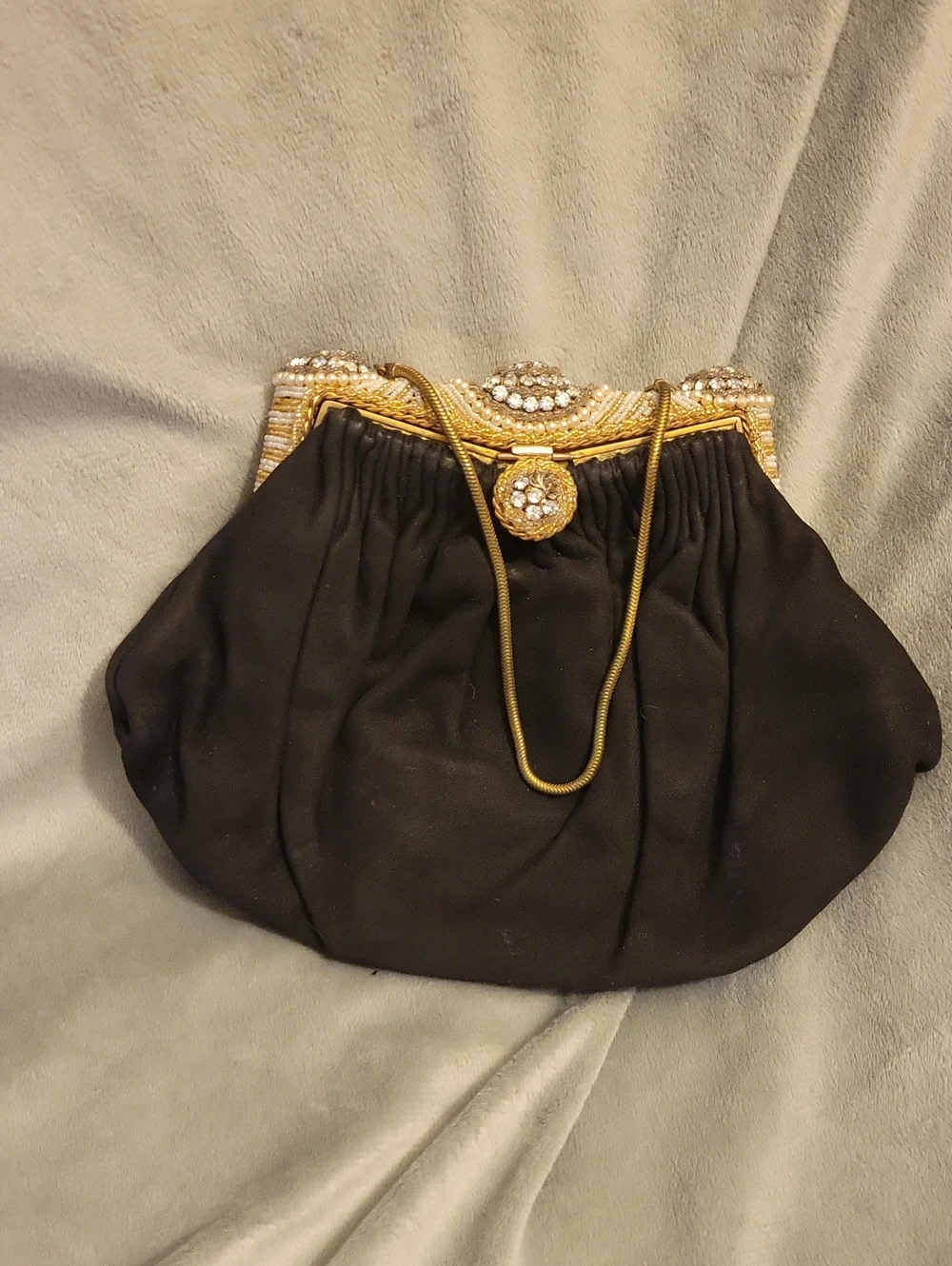 Handmade Black Evening Clutch with Gold and Crystal Accents